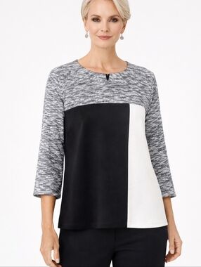 CALVIN KLEIN Black, White & Gray Colorblock Short Sleeve Top